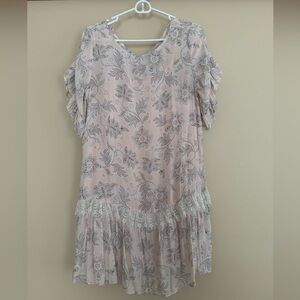 LOFT Pink Gray Floral Paisley Ruffled Drop Waist Dress